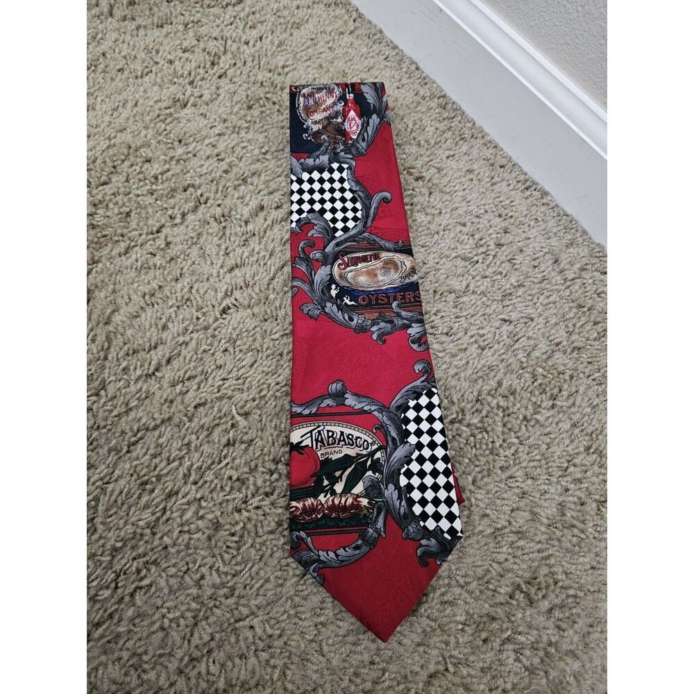 Tabasco McIlhenny Co Red 100 Silk Necktie Oysters Checkered Novelty Tie
